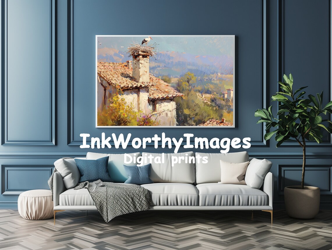 Charming Stork Nest Painting, Rustic Mediterranean Scene - Image 4