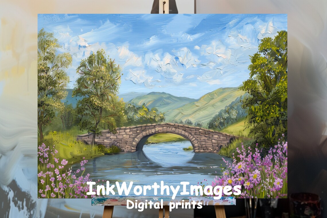 Stone Bridge in Blooming Countryside, Springtime Landscape