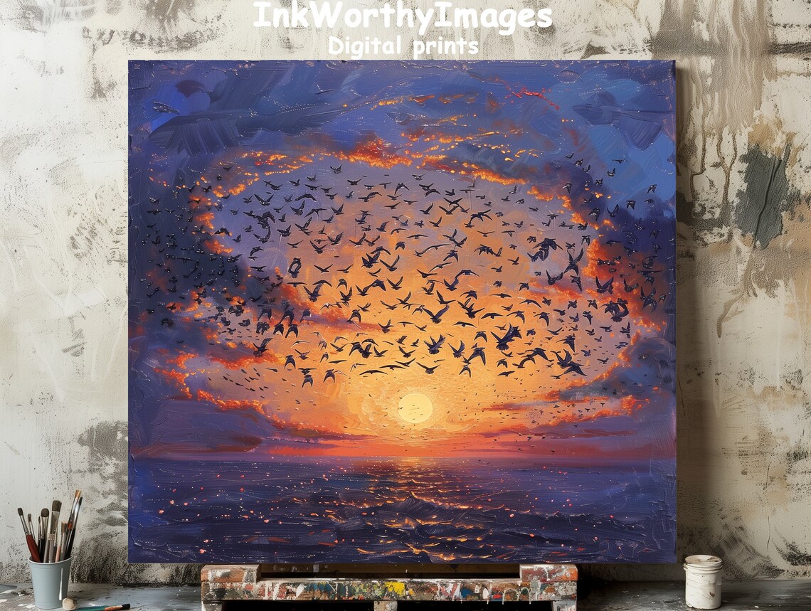Sunset Birds Flight Ocean Seascape, Evening Sky