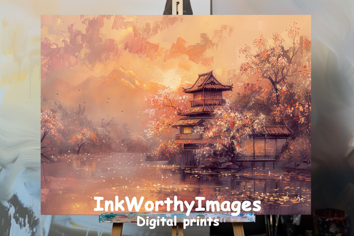 Japanese Pagoda At Sunset, Autumn Lake Landscape Art