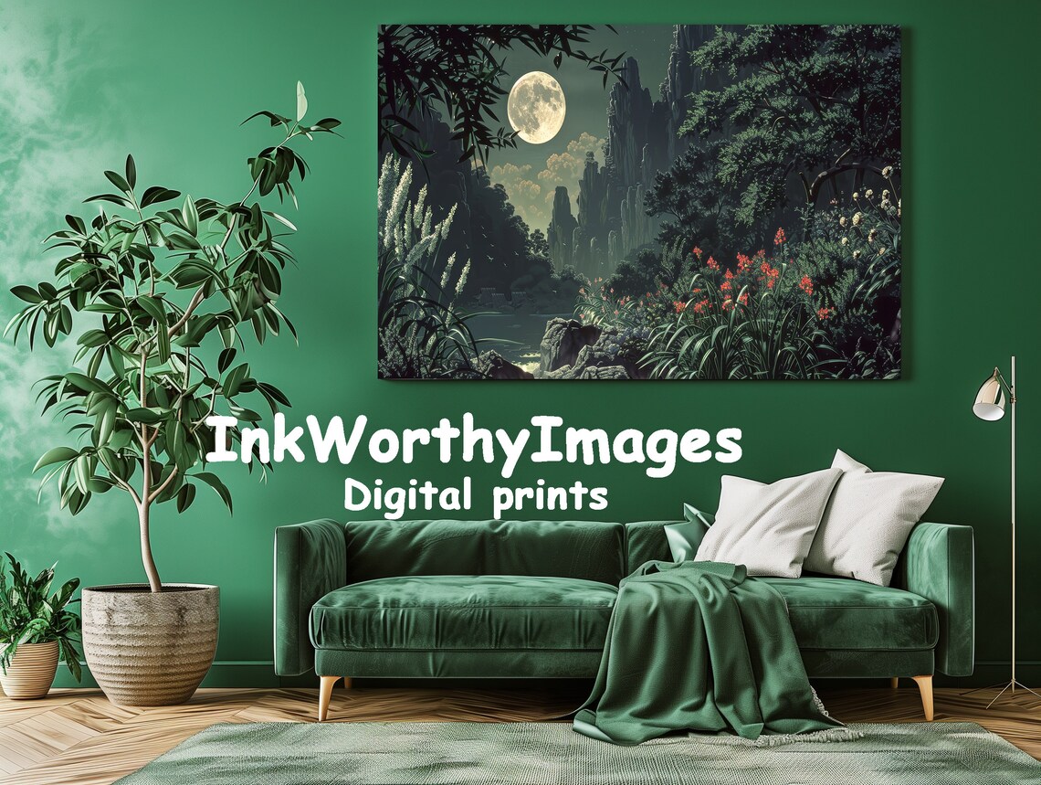 Moonlit Mountain Garden Painting, Mystical Night Landscape - Image 2