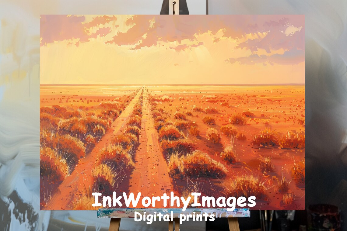 Golden Desert Road Painting, Desert Landscape Decor