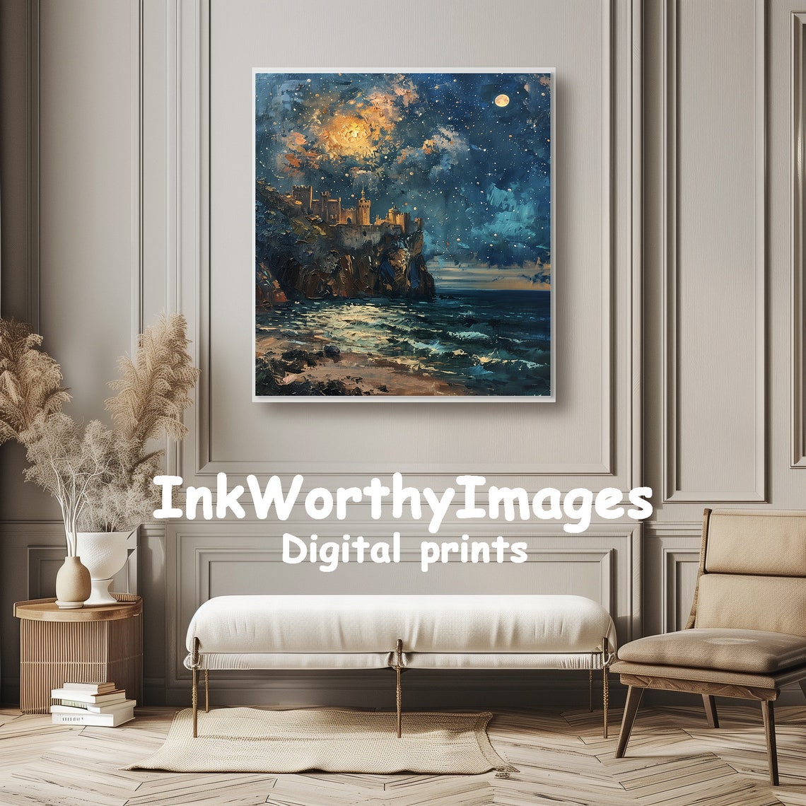 Castle By Moonlit Sea, Night Sky Scene - Image 6