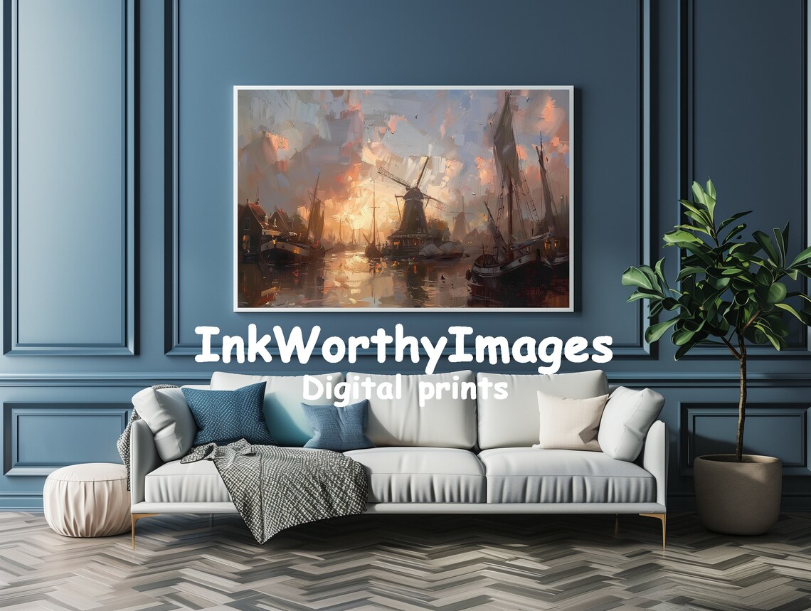 Sunset Harbor With Windmills, Dutch Seaside Landscape - Image 4