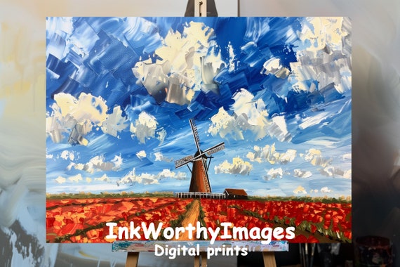 Abstract Tulip Fields and Windmill, Dutch Landscape Art