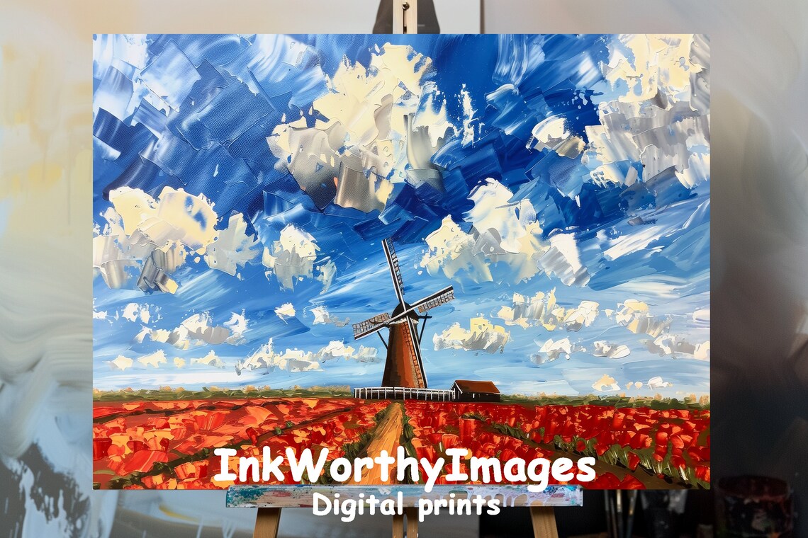 Abstract Tulip Fields and Windmill, Dutch Landscape Art