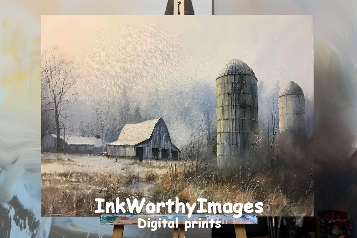 Winter Farm Scene, Rustic Barn And Silos In Fog