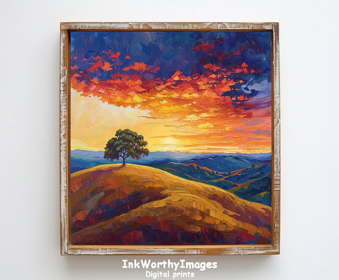 Vibrant Sunset Landscape, Colorful Tree Hill - Image 6