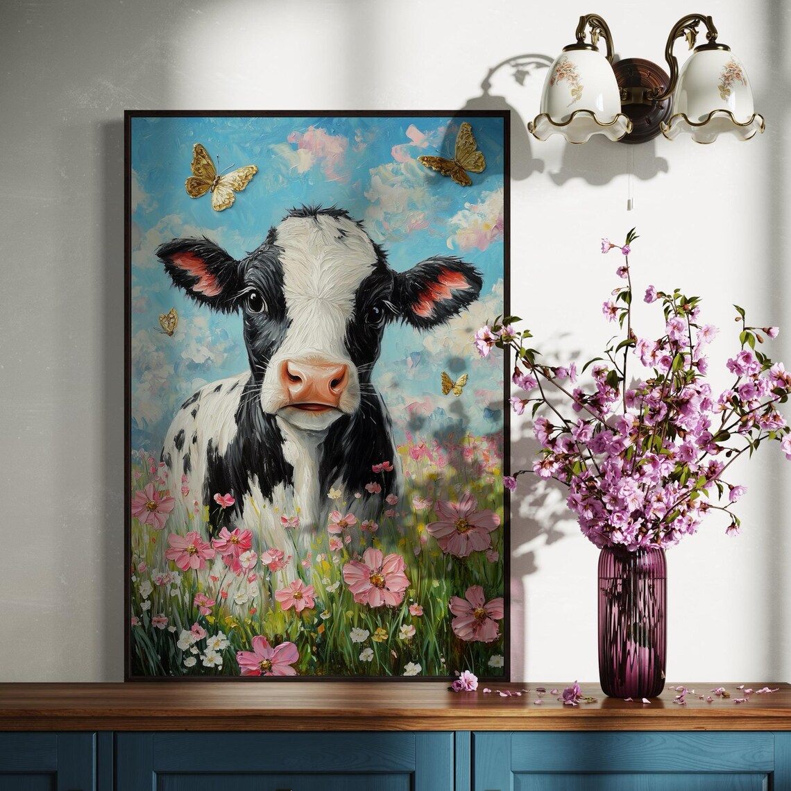 Whimsical Calf Art Charming Cow Print With Pink Wildflowers And Golden Butterflies Farmhouse Decor For Nursery Or Girls Room