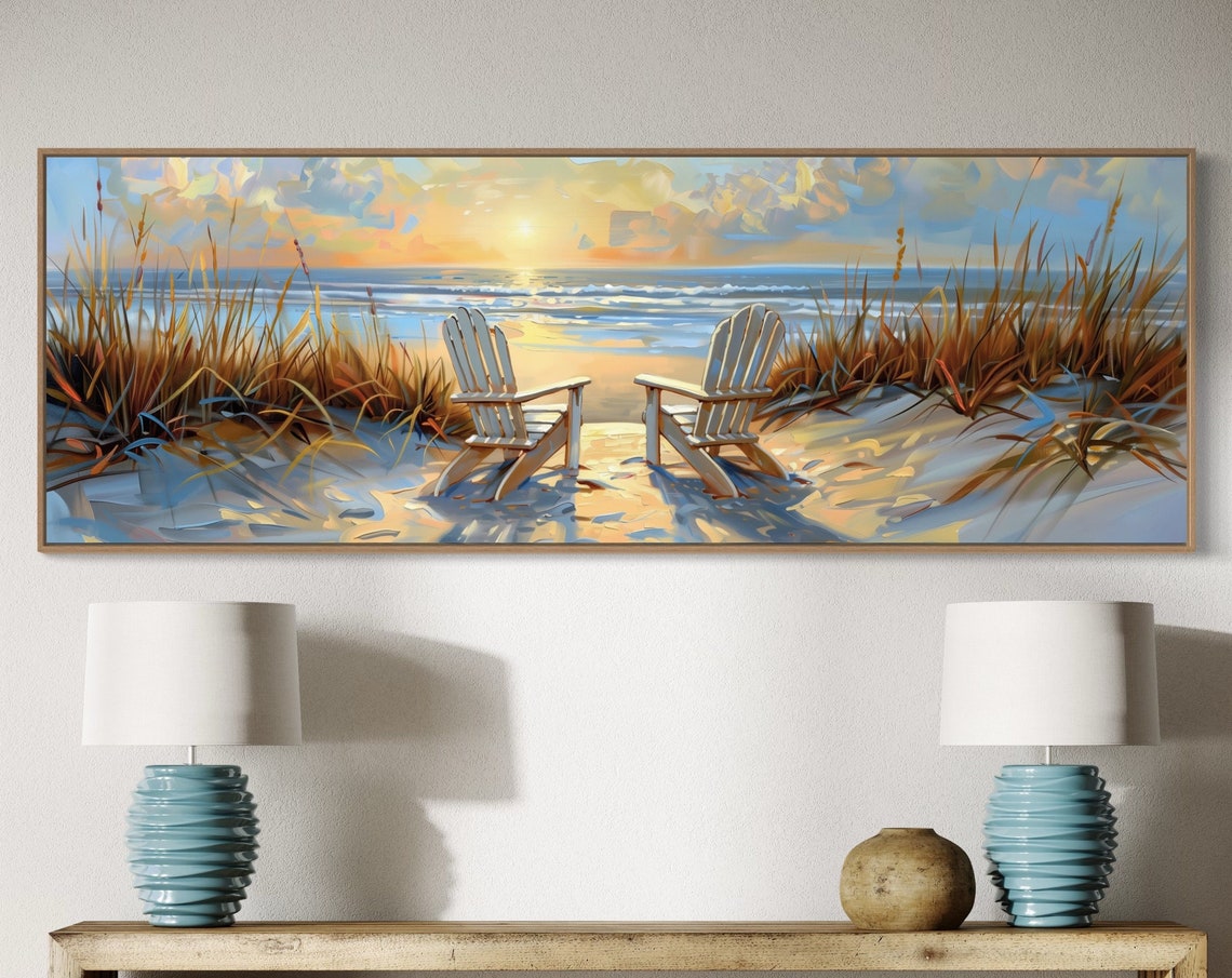 Golden Beach Sunset Ocean Chairs Panoramic Impressionist Travel Poster
