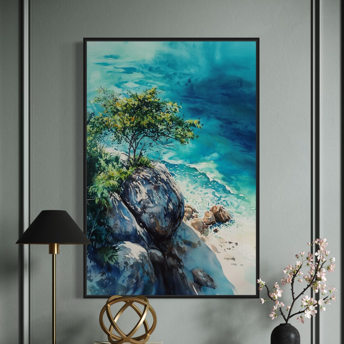 Coastal Watercolor Ocean Cliff Landscape, Beach Decor