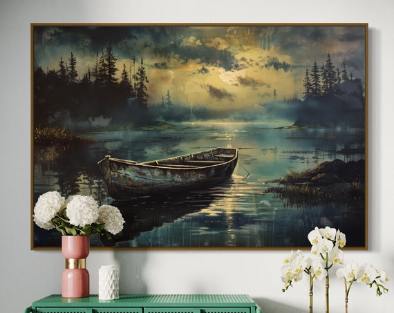 Moody Wooden Boat At Sunset Atmospheric Lake View Print For Calming Wall Art Perfect Rustic Decor And Lake House Decor