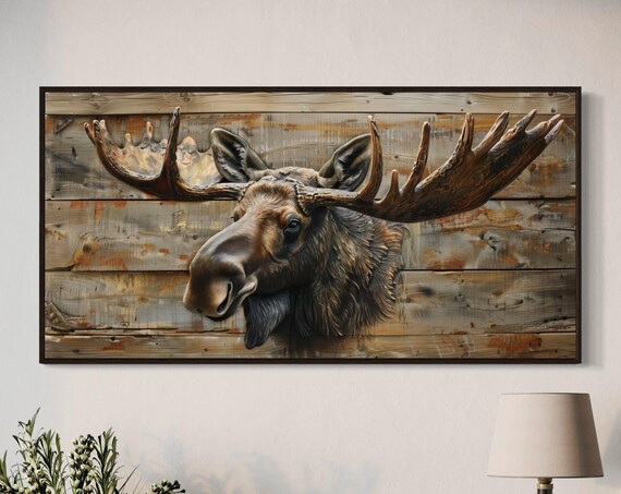 Majestic Moose Head Antlers Rustic Wood Plank Panoramic Wildlife Art Poster