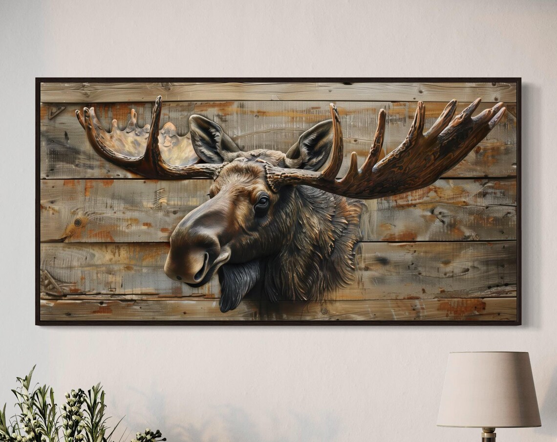 Majestic Moose Head Antlers Rustic Wood Plank Panoramic Wildlife Art Poster