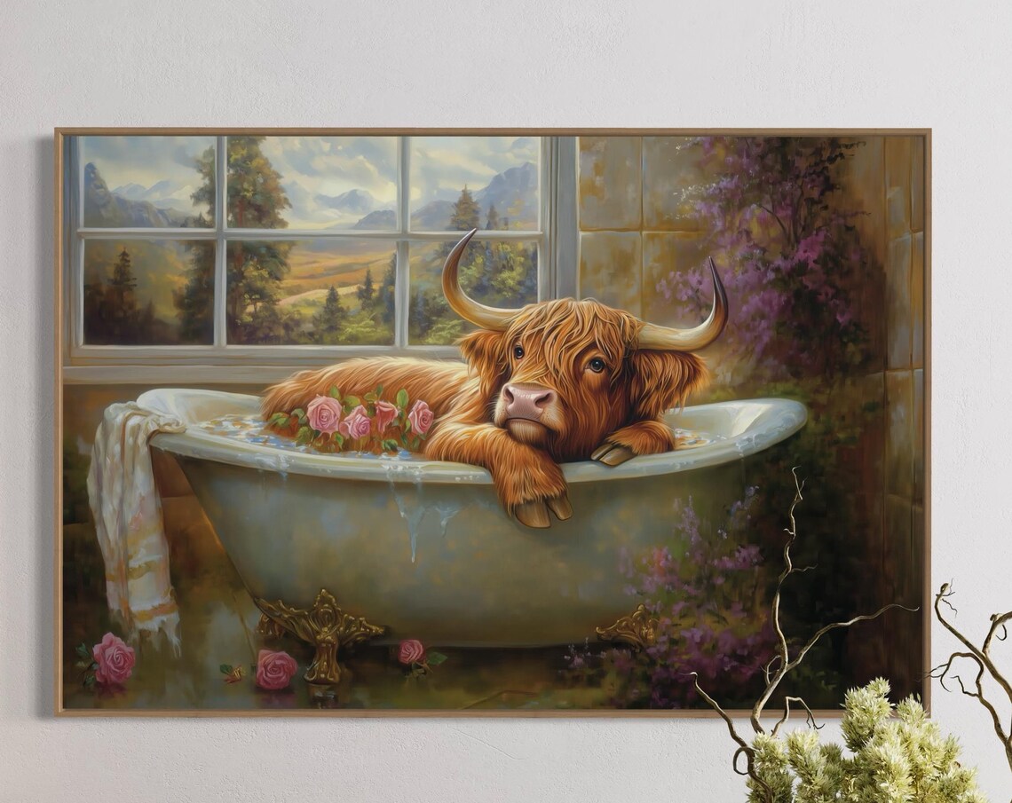 Highland Cow Relaxing In Flower Bathtub Cute Bathroom Wall Art