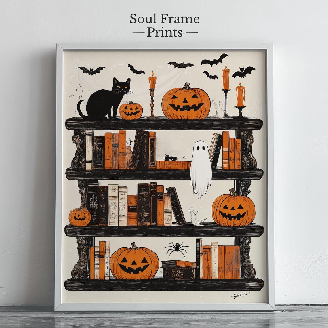 Halloween Bookshelf Art Whimsical Spooky Decor With Cats Pumpkins Ghosts Rustic Shelf Illustration Fall Wall 576