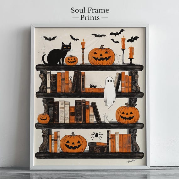 Halloween Bookshelf Art Whimsical Spooky Decor With Cats Pumpkins Ghosts Rustic Shelf Illustration Fall Wall 576
