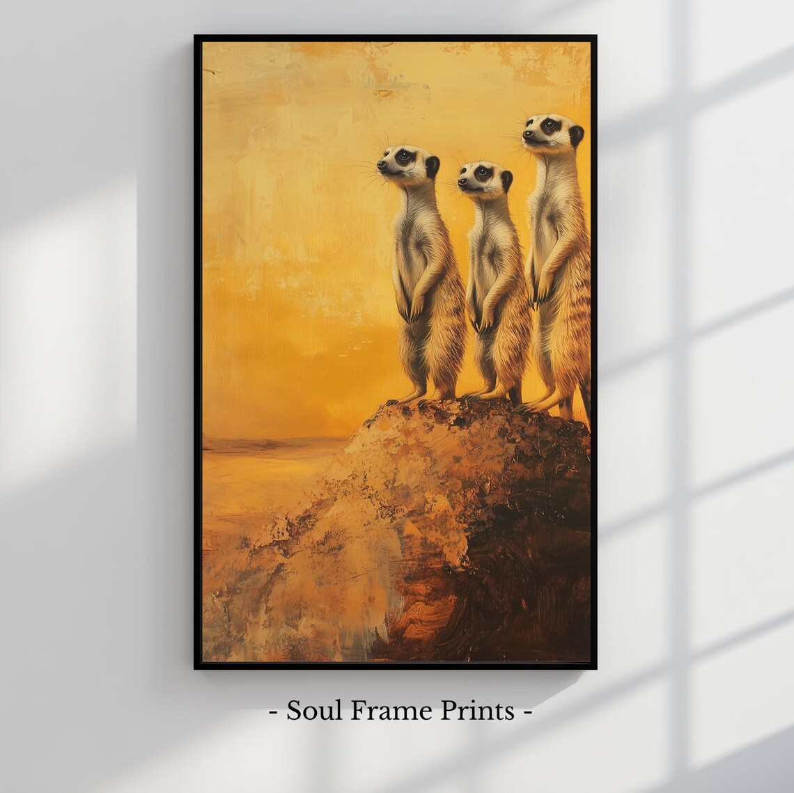 Three Meerkats Standing On Rock Painting Poster Golden Desert Art
