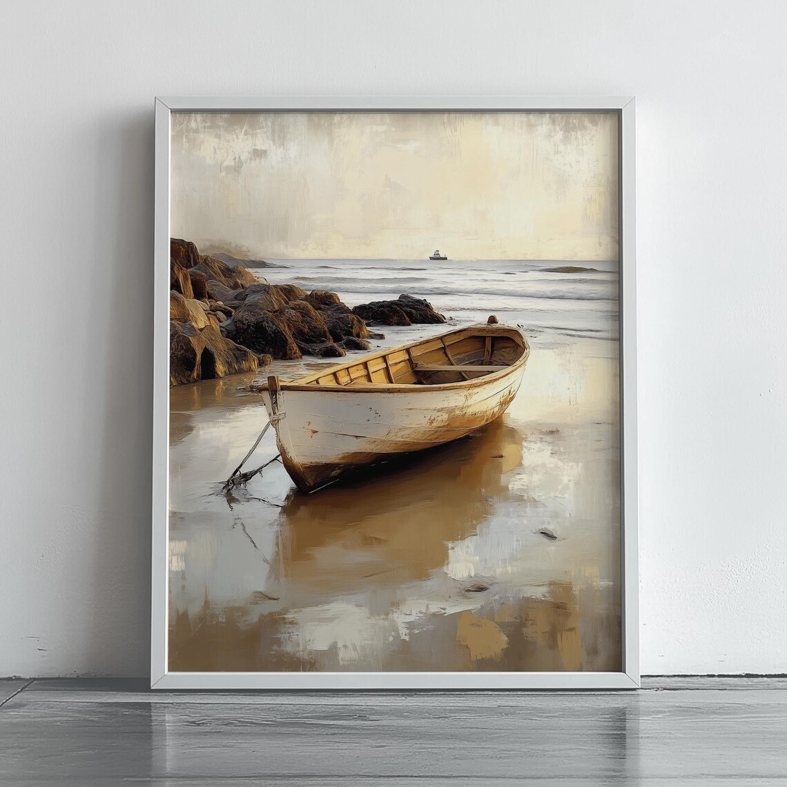 Weathered Rowboat On Calm Shoreline Vintage Oil Painting Poster