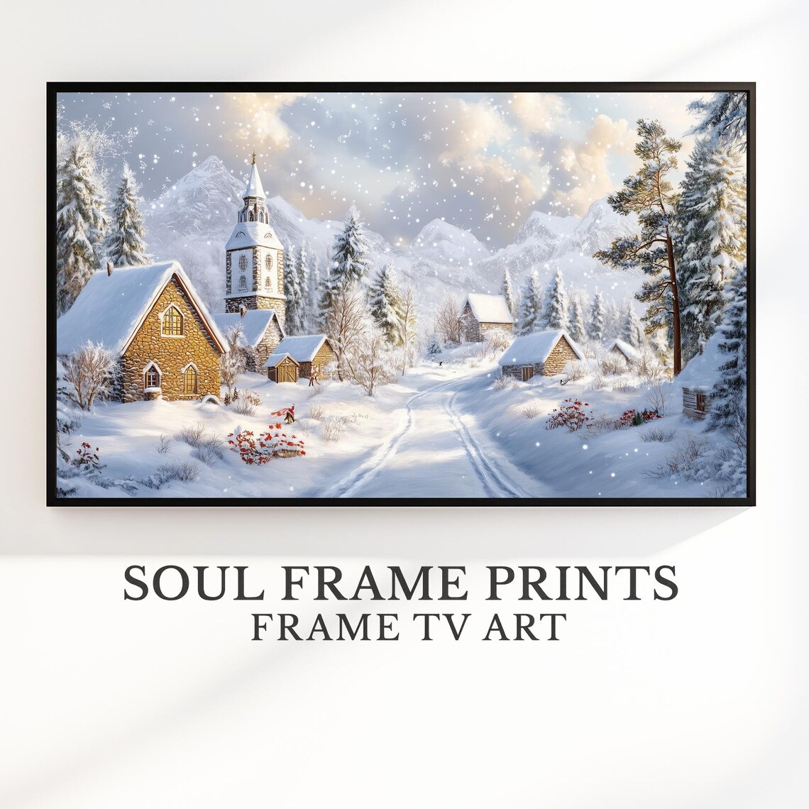 Snowy Village Chapel Winter Pastoral Landscape Rustic Holiday Art Poster