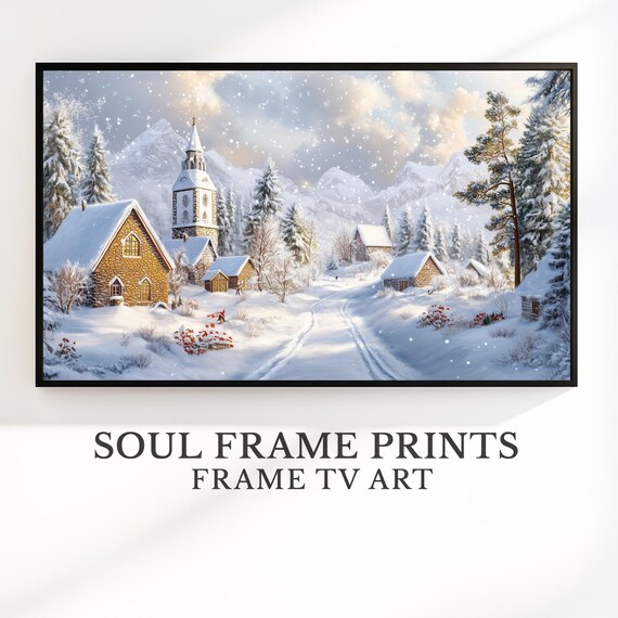 Snowy Village Chapel Winter Pastoral Landscape Rustic Holiday Art Poster