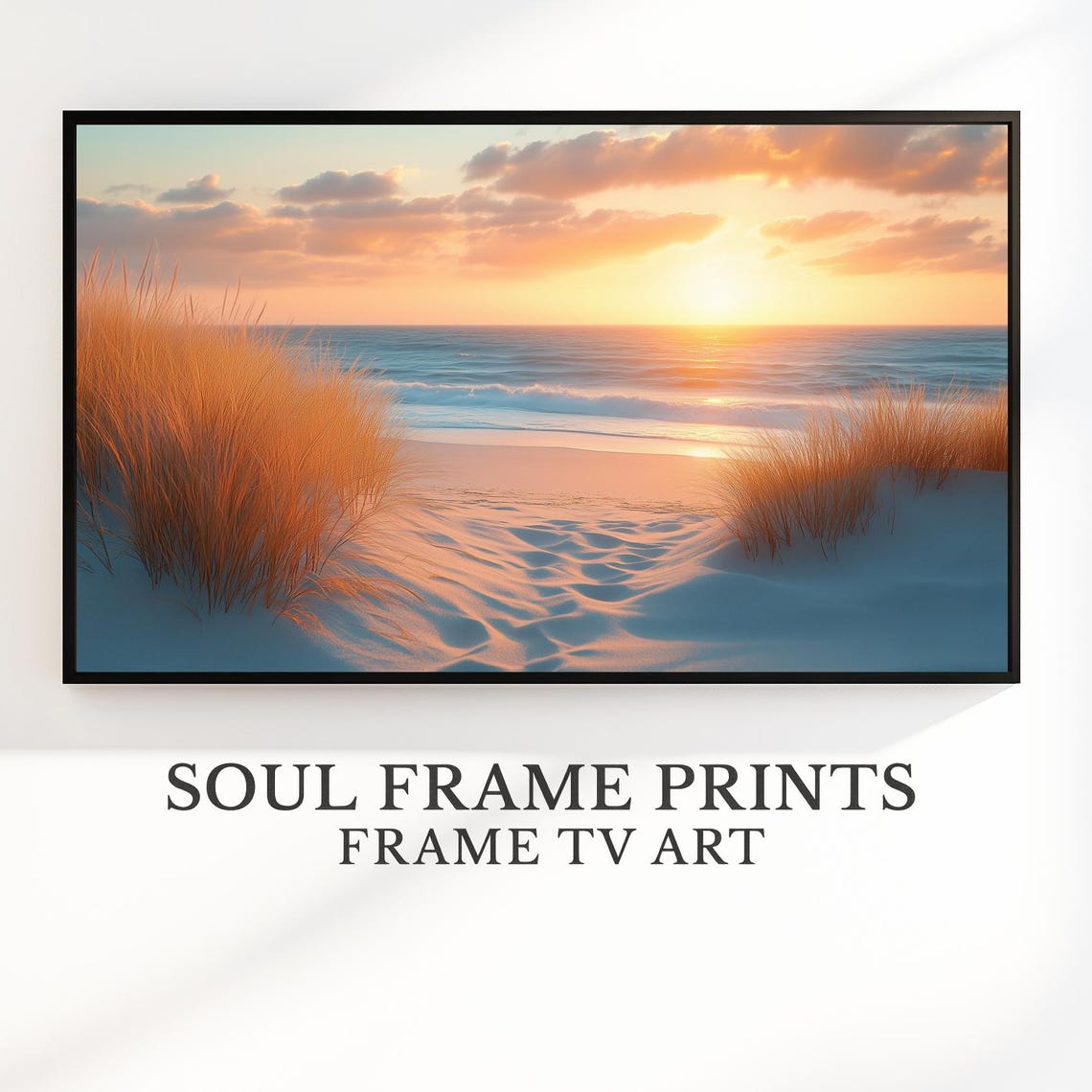 Coastal Sunrise Sandy Dunes Beach Grass Ocean Waves Frame TV Art Print