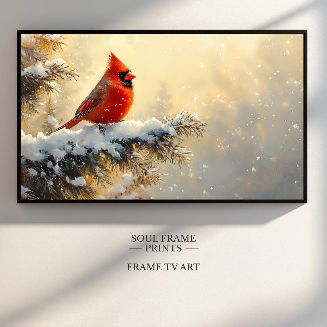 Red Cardinal on Snowy Evergreen Branch Winter Painting Poster
