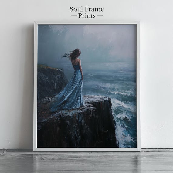 Moody Coastal Portrait Art Woman In Blue Dress Dramatic Ocean Landscape Wall Rustic Home Decor 477