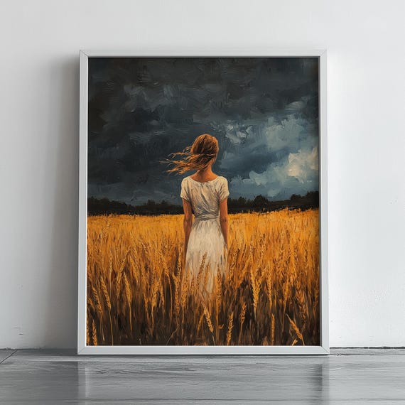 Rustic Autumn Landscape Moody Sky Farmhouse Country Decor Earthy Pastoral Wall Art Wheat Field Woman Painting 317