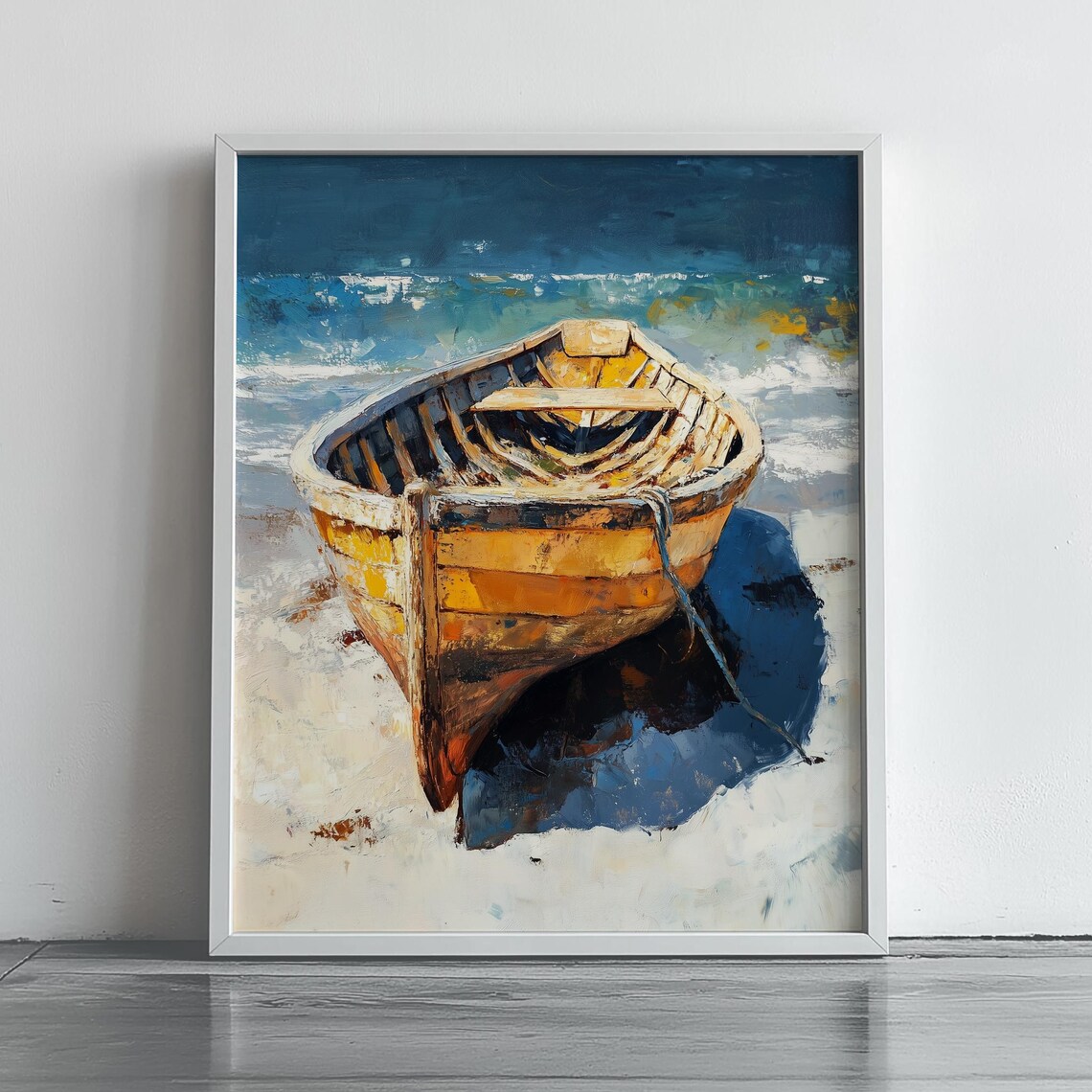 Weathered Wooden Rowboat On Shore Against Deep Blue Sea Poster