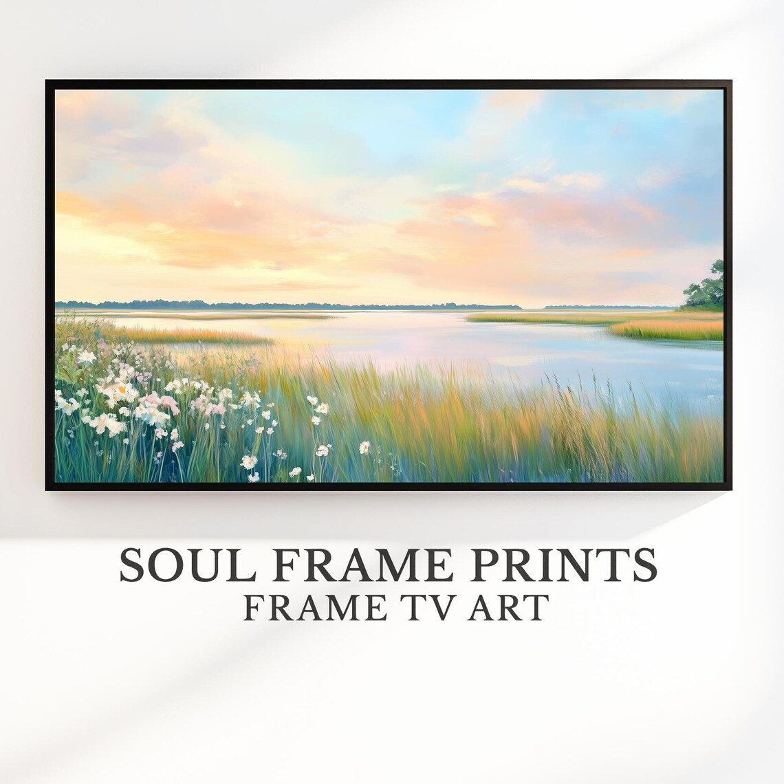 Coastal Marsh Golden Hour Pastel Wildflowers Calm Frame TV Art Print
