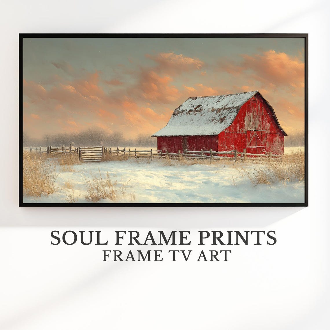 Classic Red Barn in a Snowy Pasture at Sunset Farmhouse Wall Art