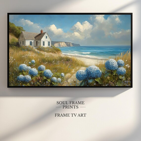 White Coastal Cottage Surrounded by Hydrangeas Overlooking Ocean Poster
