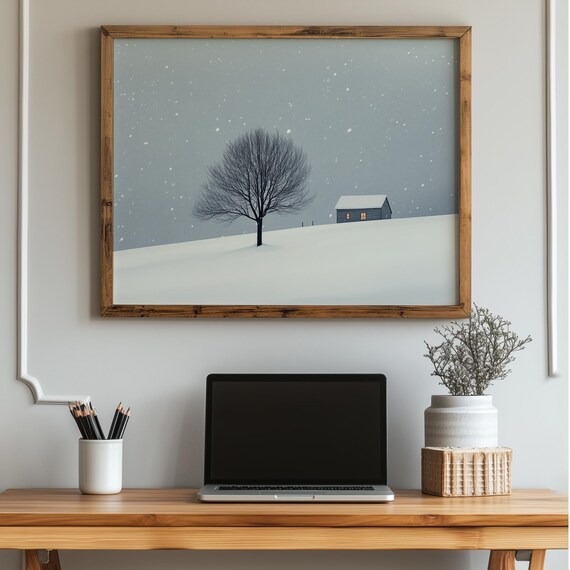 Minimalist Snowy Cabin In Falling Snow Scandinavian Winter Poster