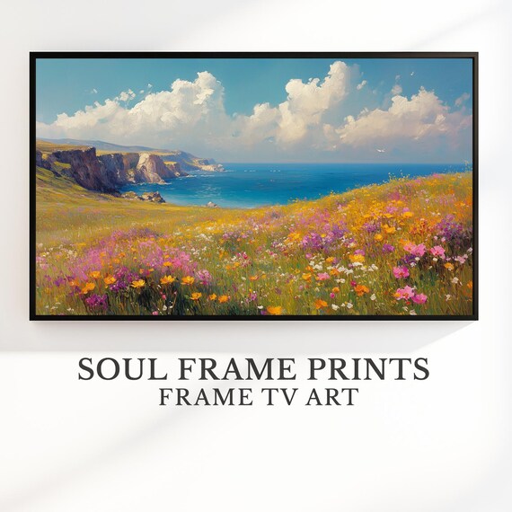 Coastal Wildflower Meadow Cliffs Seascape Oil Painting Summer Poster