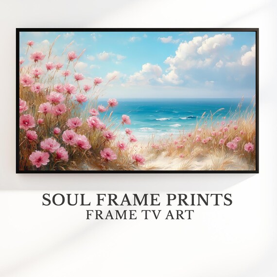 Pink Seaside Blossoms Over Turquoise Ocean Coastal Floral Poster