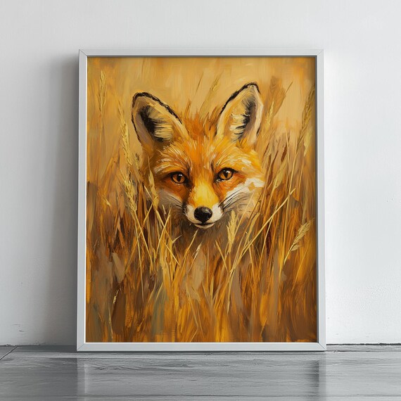 Red Fox Peeking Through Golden Tall Grass Oil Painting Poster
