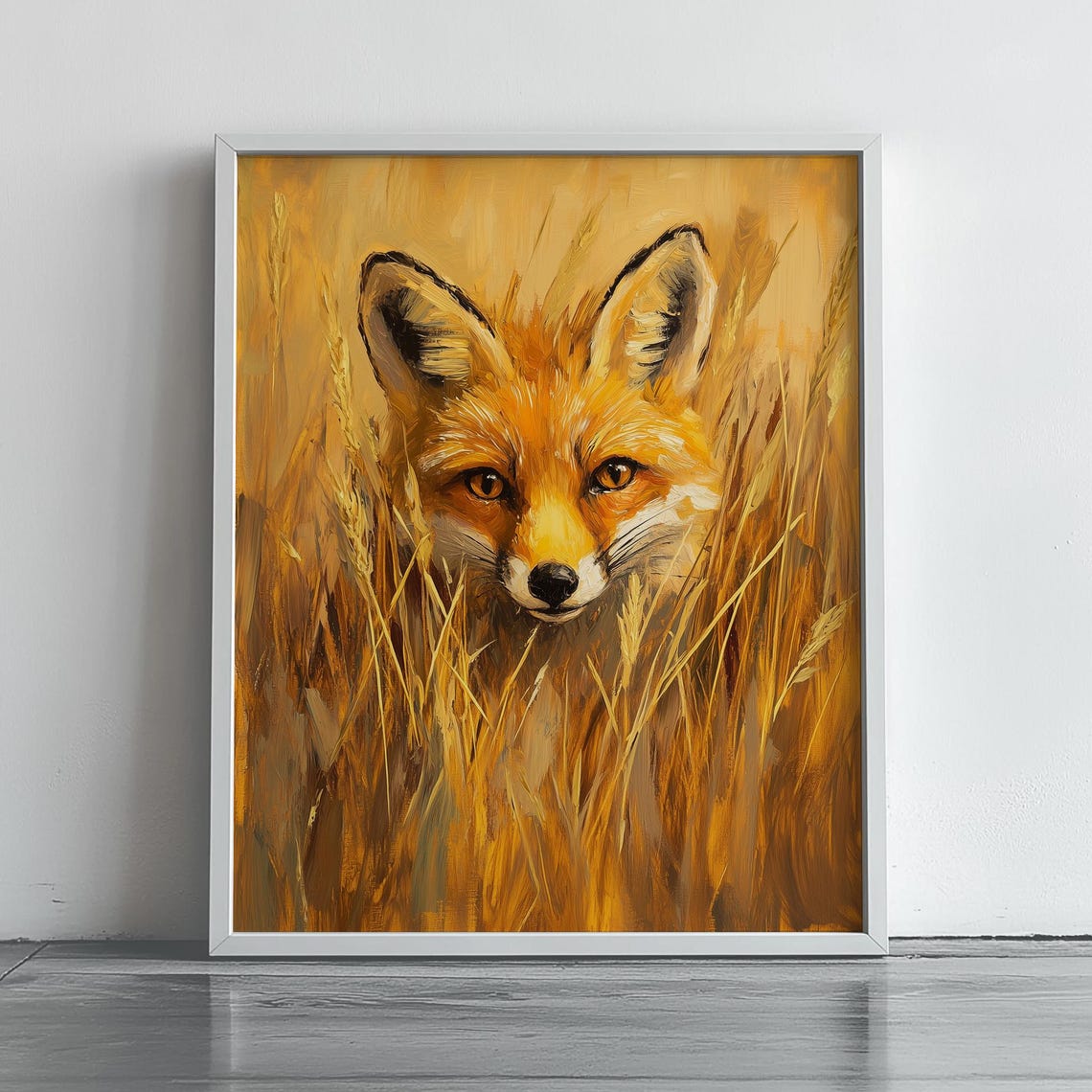 Red Fox Peeking Through Golden Tall Grass Oil Painting Poster