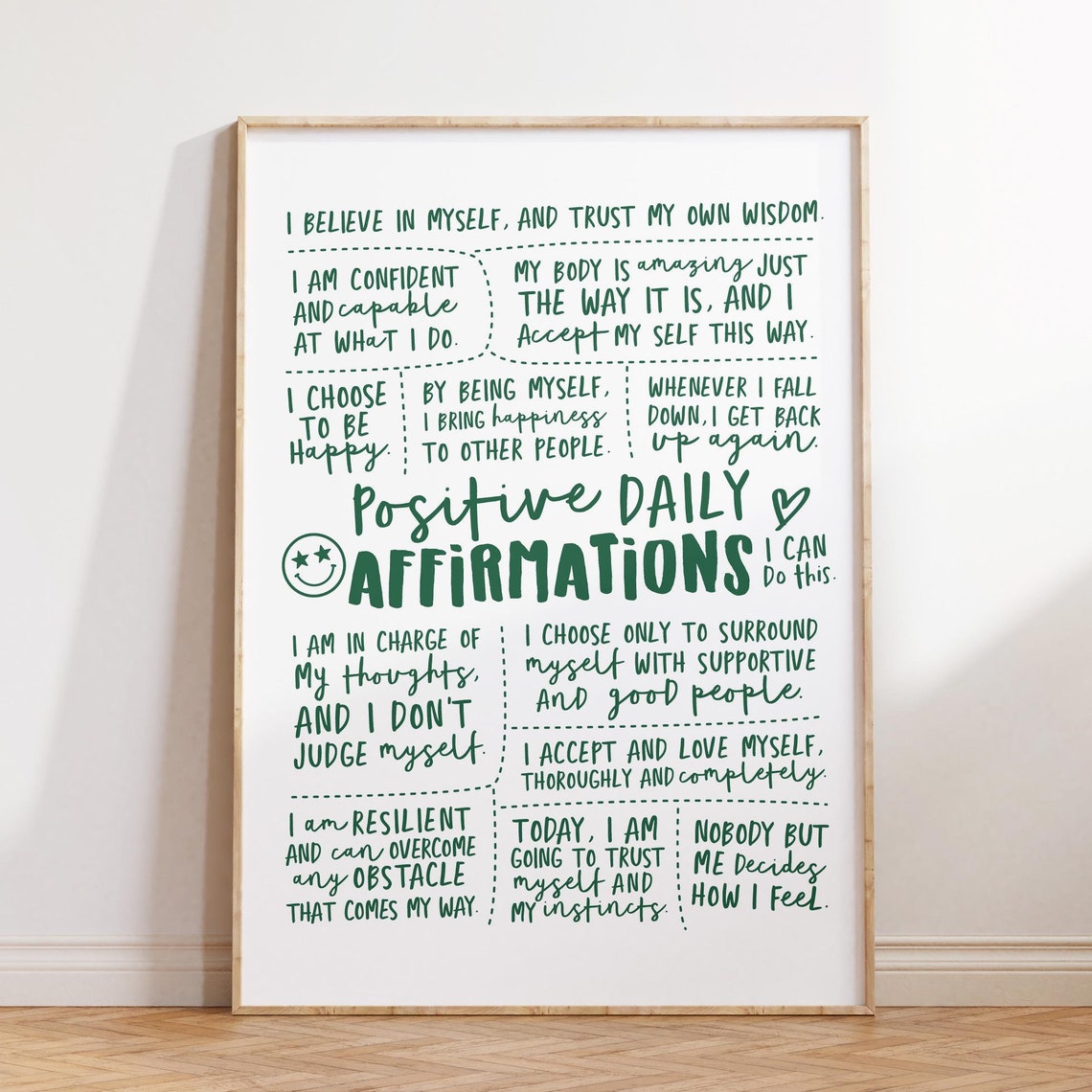 Positive Daily Affirmations Green Hand Lettered Quote Poster