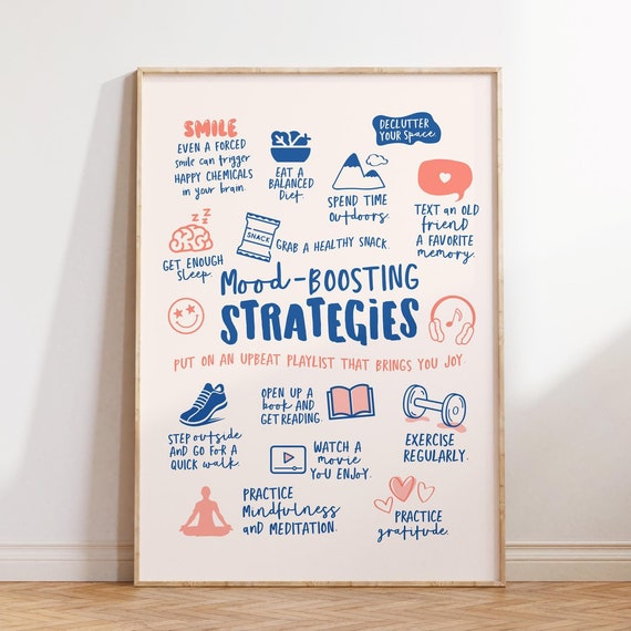 Mental Health Poster Therapy Office Decor Mood Boosting Strategies School Psychologist Motivational Wall Art Print
