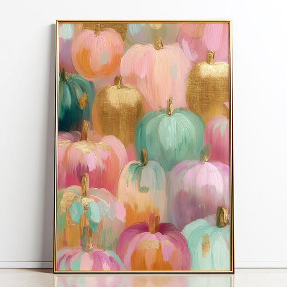 Colorful Pumpkins Print Modern Fall Wall Art Abstract Autumn Poster Vibrant Pastel Harvest Home Decor Gold Accent