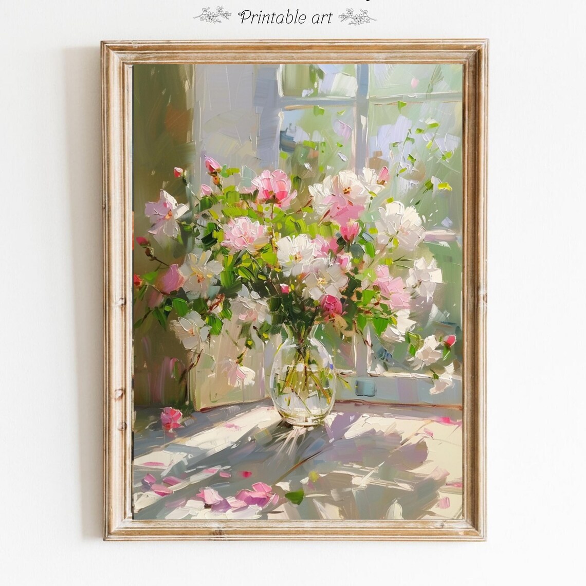 Sunlit Pink Roses in Glass Vase by Window Impressionist Floral Painting Poster