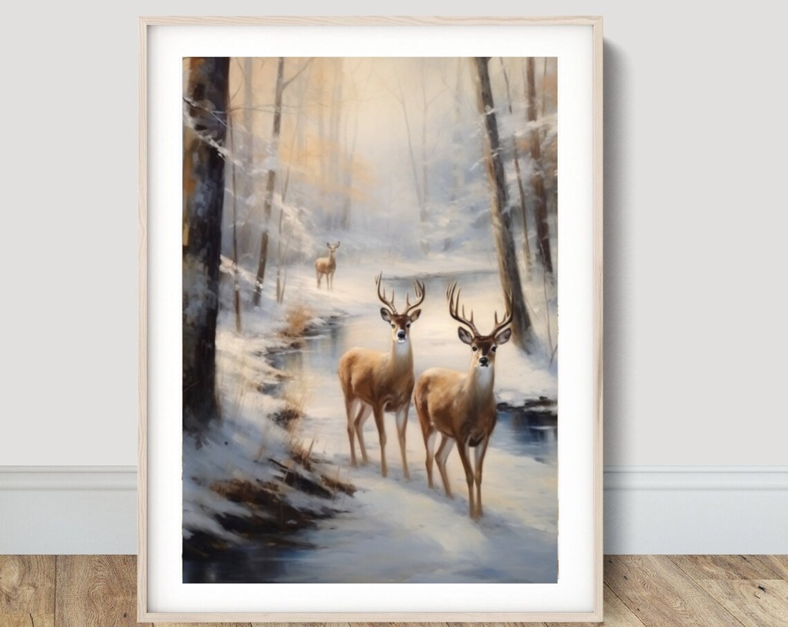 Whitetail Deer Bucks By Winter Stream Snowy Forest Painting Poster