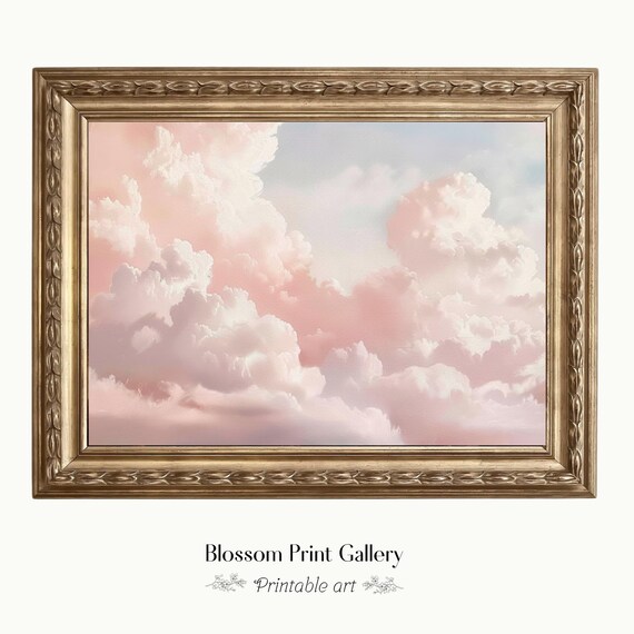 Pastel Pink Cloud Painting Vintage Cloud Art Farmhouse Decor Living Room Wall Art Antique Girl Nursery Cloud Print Cloudy Sky Art 918