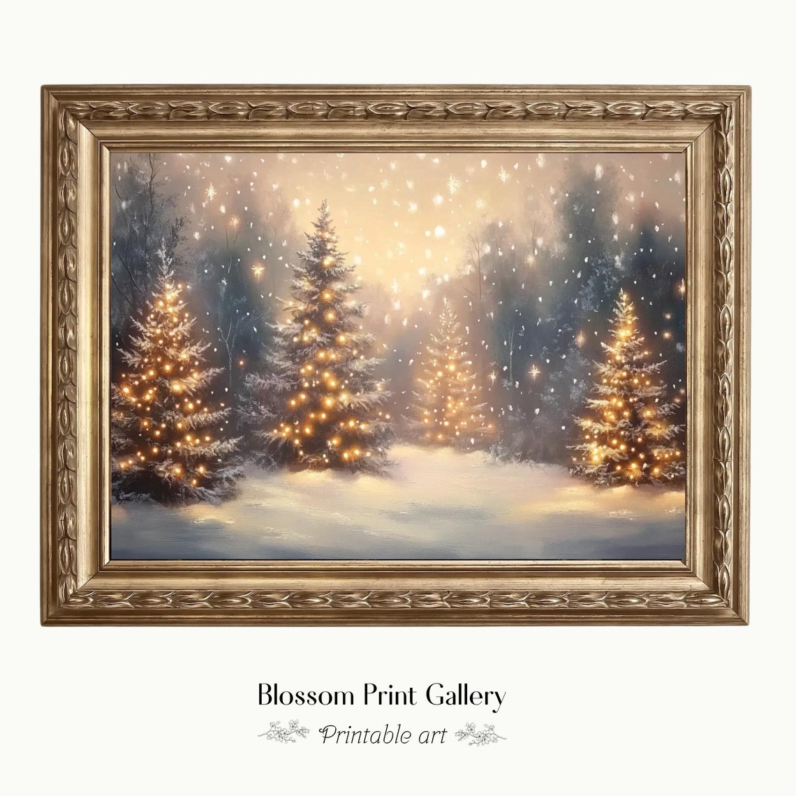 Glowing Christmas Trees Snowy Night Winter Forest Painting Poster