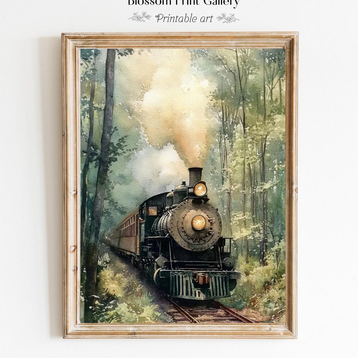 Vintage Steam Train Art Print, Forest Landscape