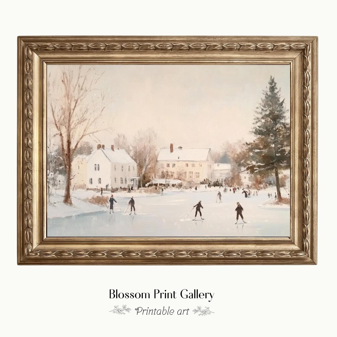 Ice Skaters Frozen Pond Manor Vintage Winter Landscape Art Poster