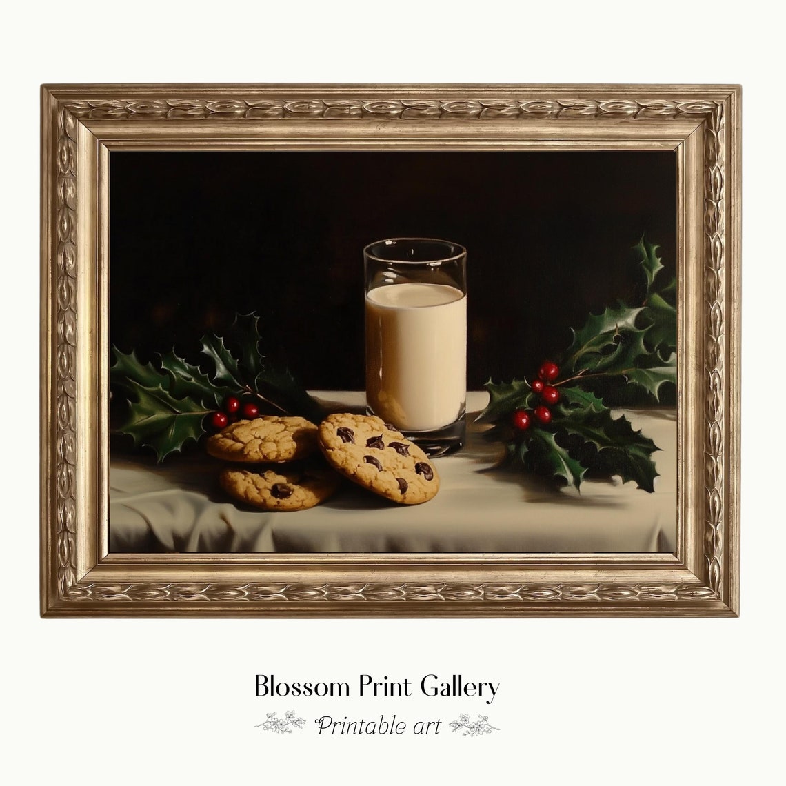 Milk And Cookies With Holly Christmas Still Life Painting Poster