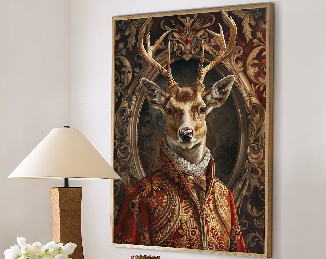 Stag with Antlers in Red Gold Baroque Coat and Lace Ruff Royal Poster