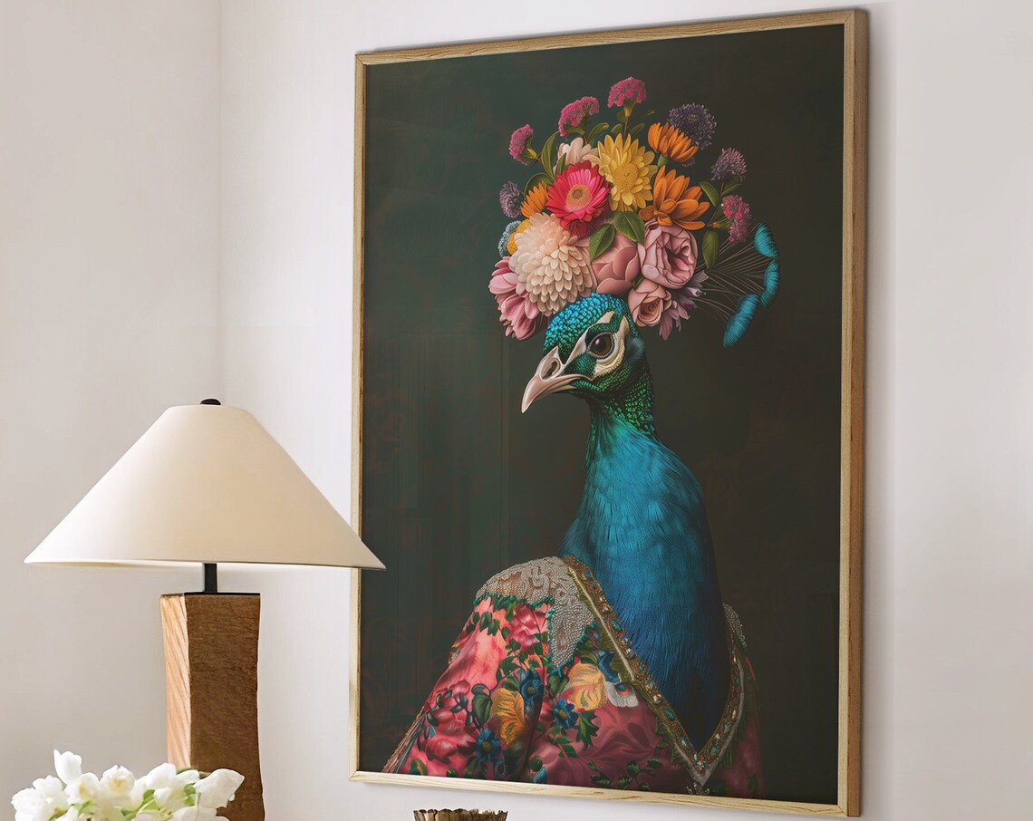 Peacock with Flower Crown in Floral Robe on Dark Moody Art Print - Image 4